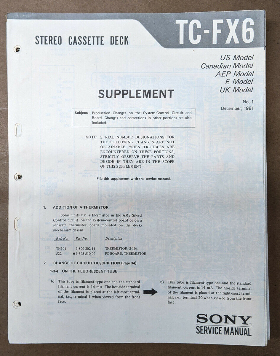Sony TCFX6 Cassette Service Manual Supplement *Original* Vintage