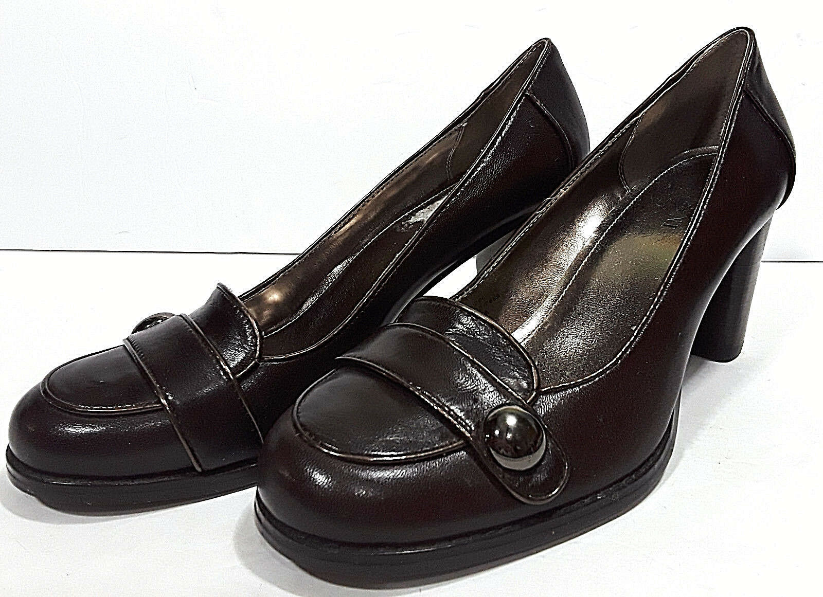 Primary image for New ALFANI Brown Leather Dress Shoes Womens 7.5M NANCY Loafer Heels Strap Button