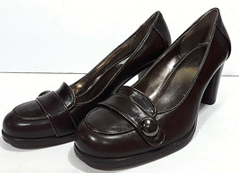 New ALFANI Brown Leather Dress Shoes Womens 7.5M NANCY Loafer Heels Stra... - $28.53