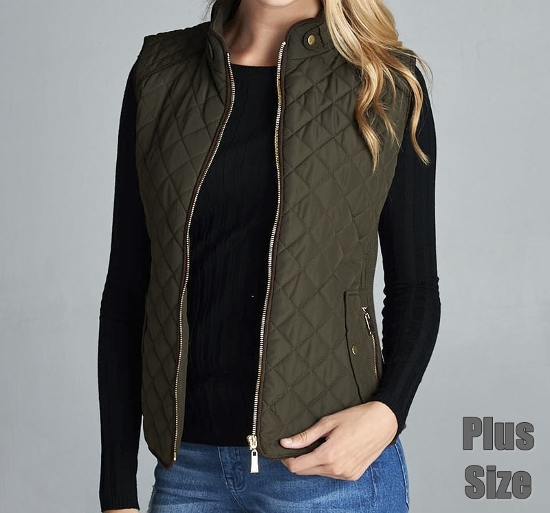 Olive Puffer Vest Plus Size, Quilted Vest with Suede Piping, Olive