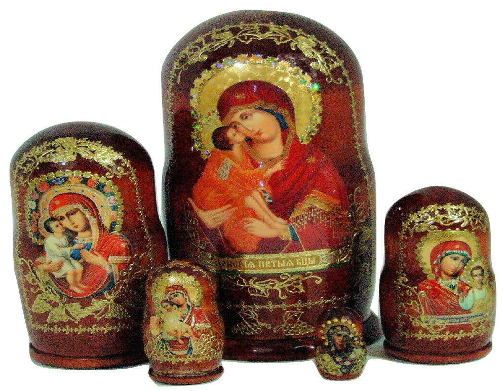 5pcs Handmade Russian Nesting Doll Orthodox Religious set of Madonna