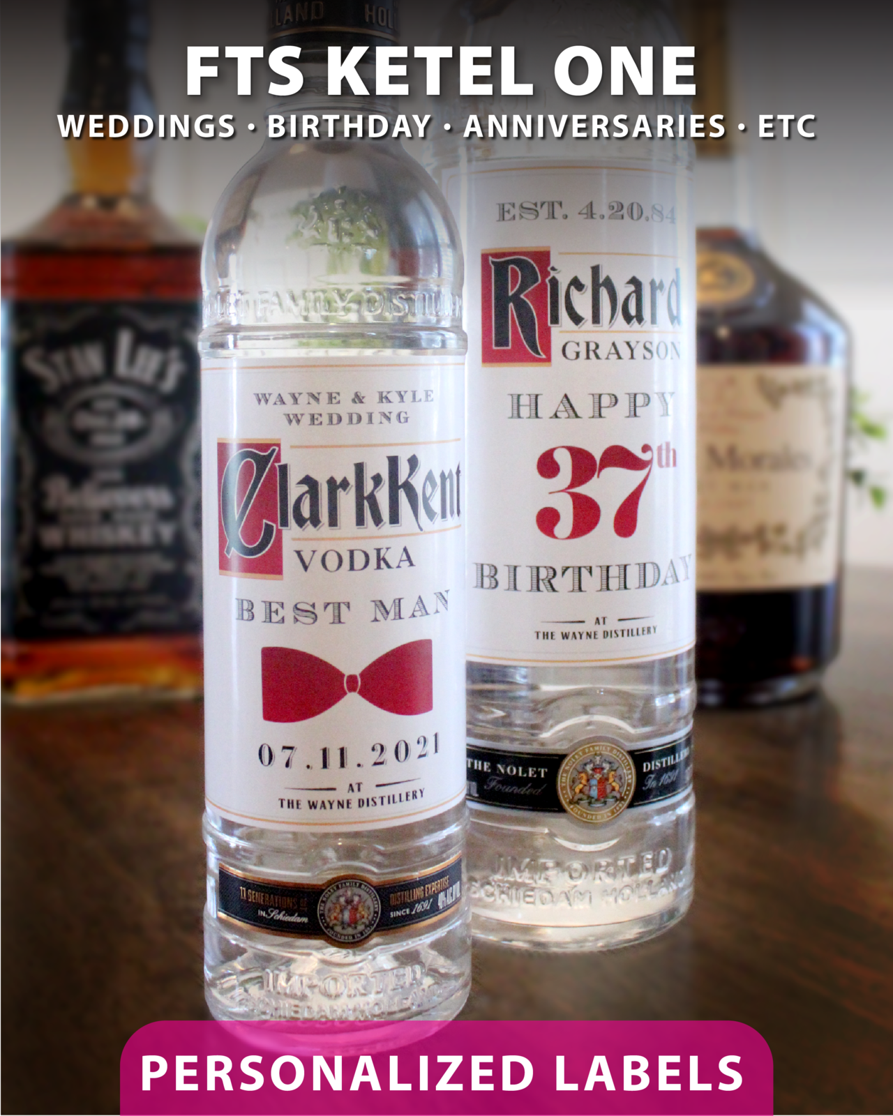 Personalized Label to fit Ketel One Vodka Bottle - Weddings, Birthdays, Etc
