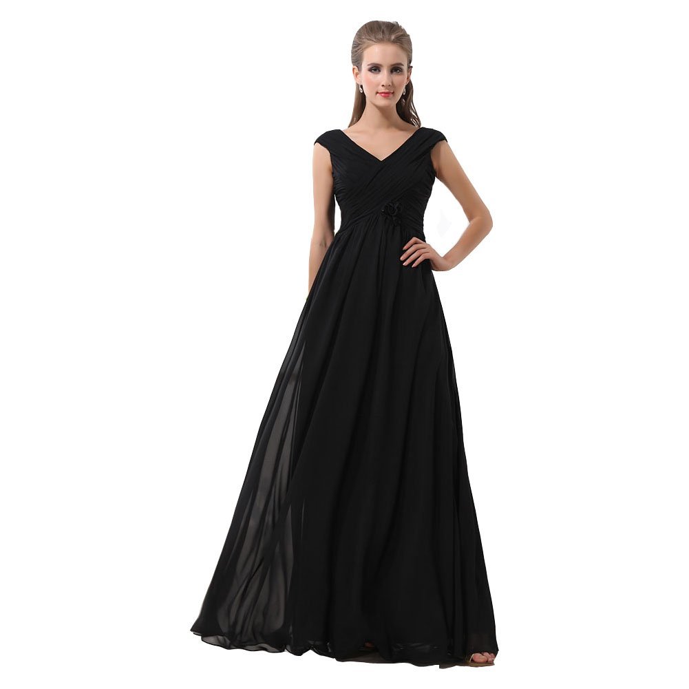 Kivary Women's Black V Neck Long A Line Prom Evening Dresses Cap Sleeves US 20W