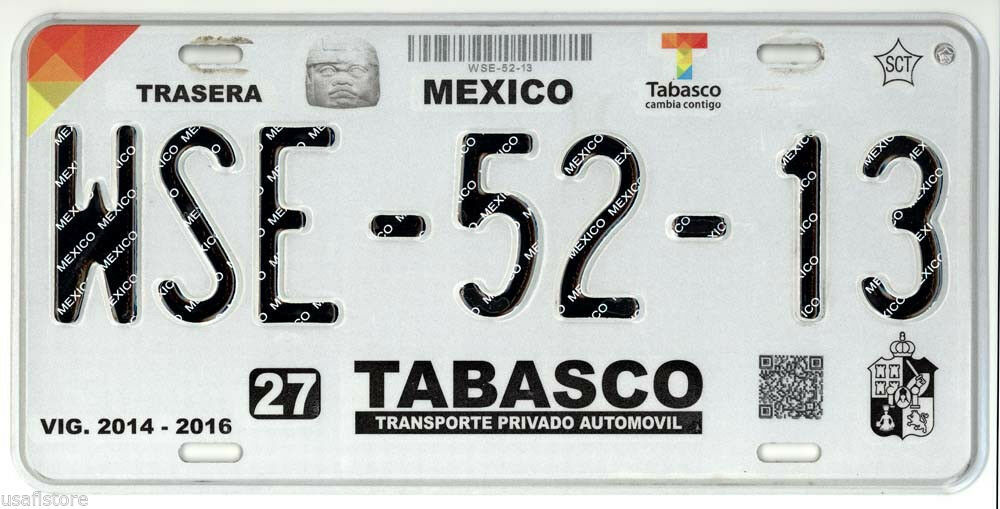 Tabasco Original Used Expired Mexico Car License Plate WSE Other