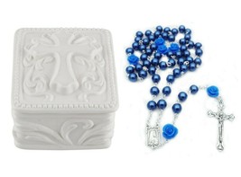 Porcelain Cross Rosary Box with Blue Rose Bead Rosary Catholic Gift - $19.99