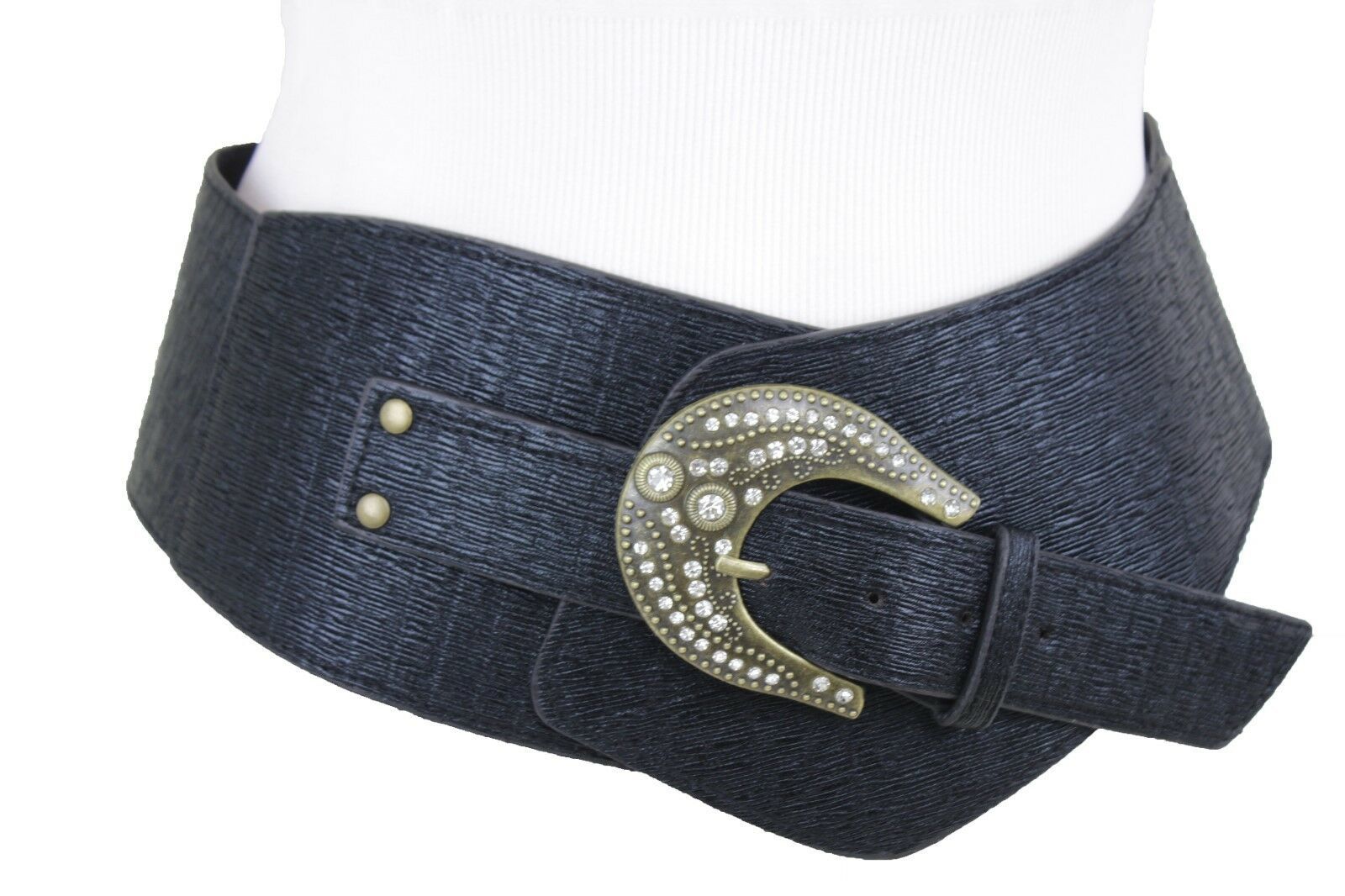 Women Bold Black Bulky Belt Big Bling Buckle Wide Western Shiny Low Hip ...