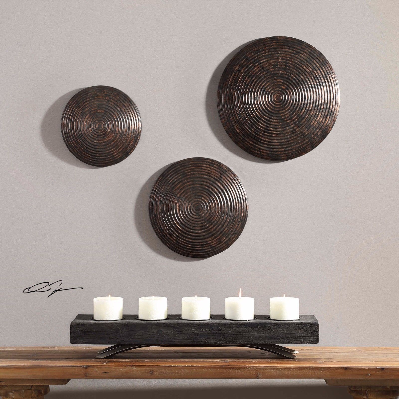 THREE NEW DECORATIVE AGED BRONZE COPPER RIBBED METAL ROUND WALL ART RUSTIC STYLE Wall Sculptures