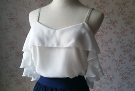 2022 Summer Bridesmaid Dress Maxi Chiffon Skirt White Ruffle Drape Chiffon Top image 5