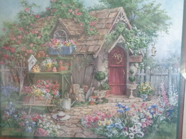 Homco Home Interiors Picture Barbara Mock Cottage Flowers Birdhouses - $89.99
