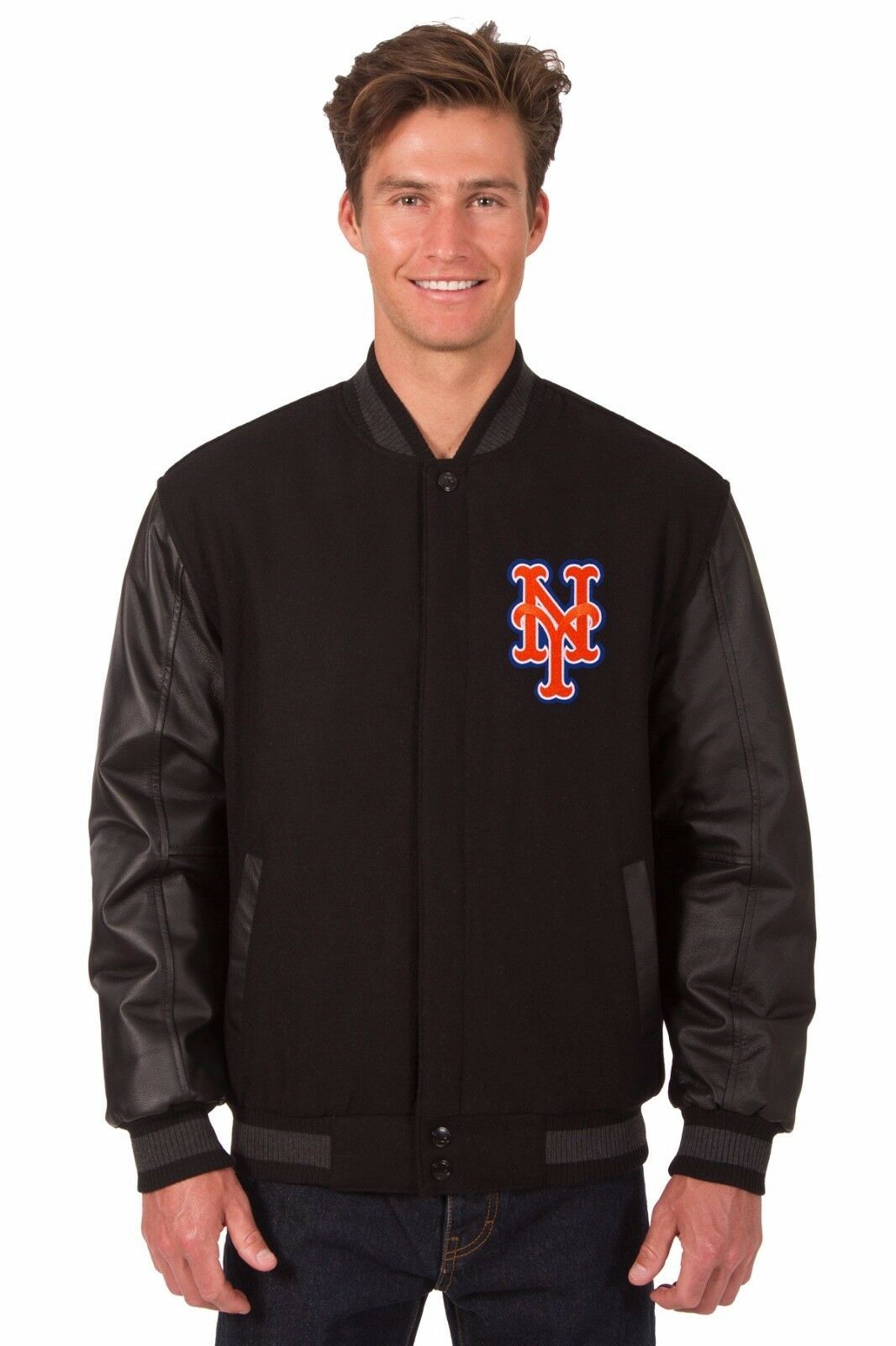 Primary image for MLB New York Mets Wool & Leather Reversible Jacket with Embroidered Logos Black