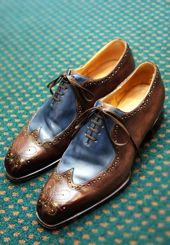 Oxford Two Tone Brown Blue Cont Wing Tip Vintage Leather Laceup Handmade Shoes