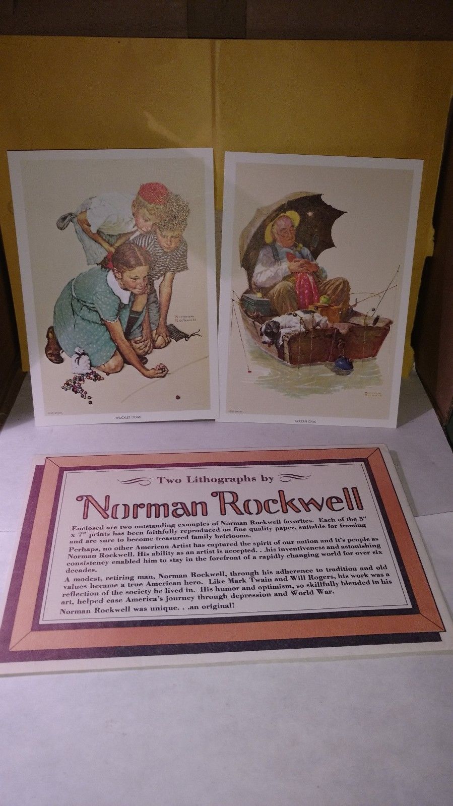 Two Norman Rockwell Lithographs 5 X 7 Knuckles Down Golden Days Art