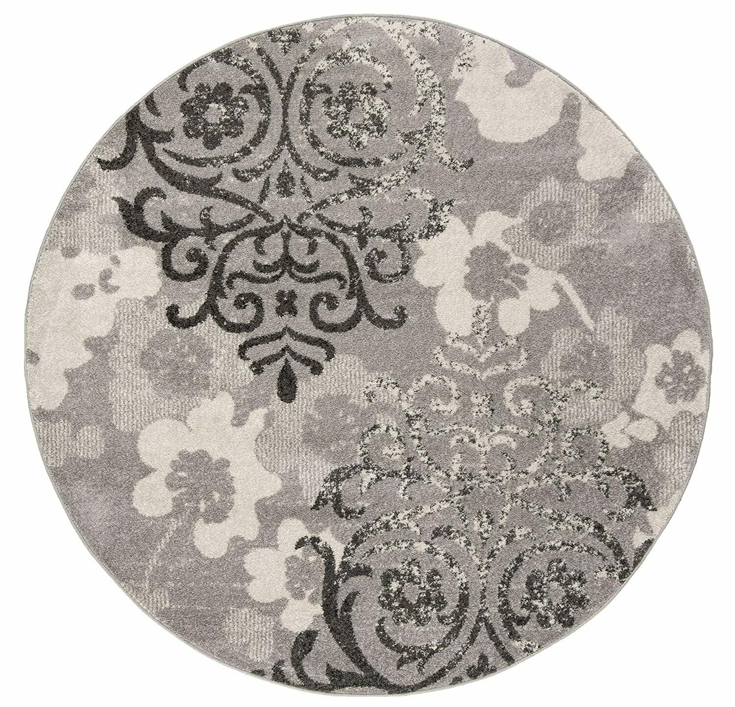 Carpet Area Rug 4' Round Shabby Chic Floral Silver & Ivory Elegant