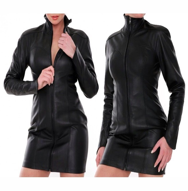 Women Genuine Lambskin Leather Black Mini Sexy Dress Full Sleeves High Neck Fron