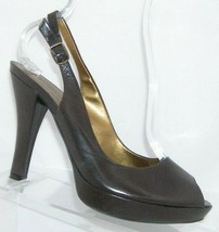 Guess 'Lotus' brown leather round peep toe buckle slingback platform heels 8M - $32.27