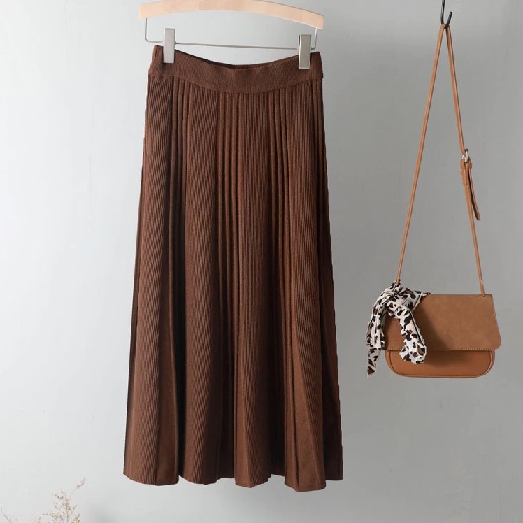 New brown pleated elastic waist A line midi length knitted women skirt warm knit