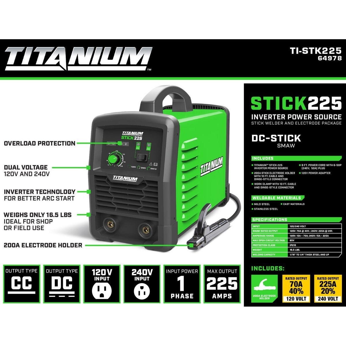 TITANIUM™ Stick 225 Inverter Welder With Electrode Holder Stick Welders