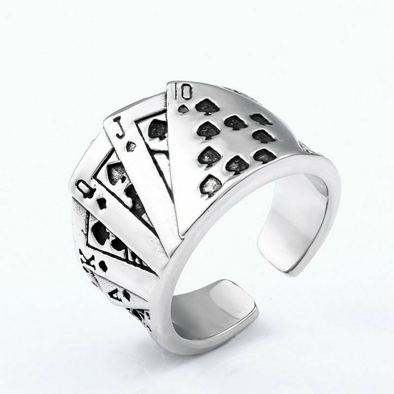 Adjustable Punk Fashion Poker Playing Cards Design Men Rings Stainless Steel New
