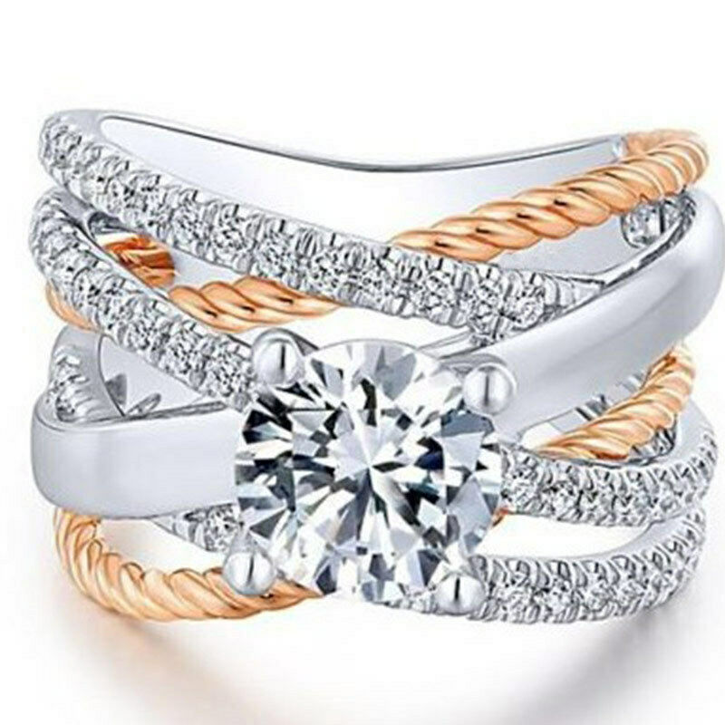 Two Tone 925 Silver,Rose Gold Plated Wedding Ring White Sapphire Size 5-12