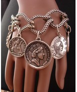 Vintage large coin Bracelet - 7 - 8&quot; silver plate charm bracelet - ancie... - $95.00