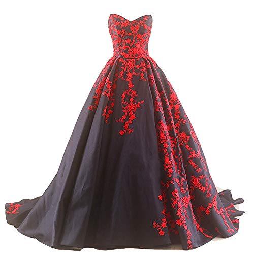 Kivary Gothic Black Satin and Red Beaded Lace A Line Long Prom Wedding Dresses C