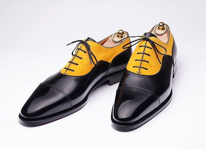 New Men Two Tone Black Yellow Cont Rounded Cap Toe Derby Real Leather Shoes