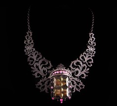 Gothic statement necklace - black rhinestone brooch - smoky topaz pink p... - $165.00