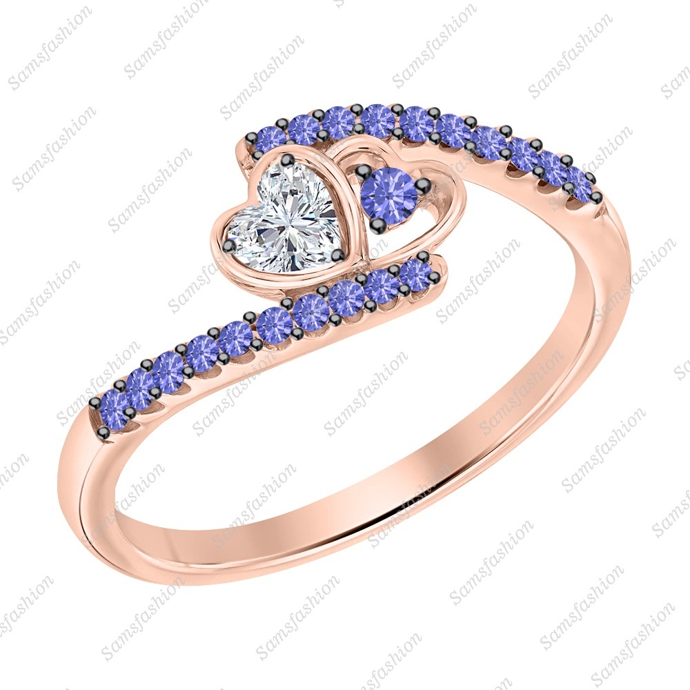 Heart Shape Diamond & Tanzanite 14k Rose Gold Over 925 Double Heart Promise Ring