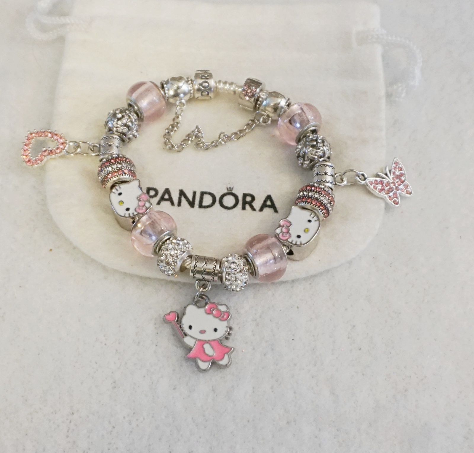 Pink Cat & Crystal Hearts & Butterflies #2 - Authentic Pandora Bracelet