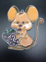 Vintage Mouse Holding Strawberry Stained Glass Suncatcher - $7.99