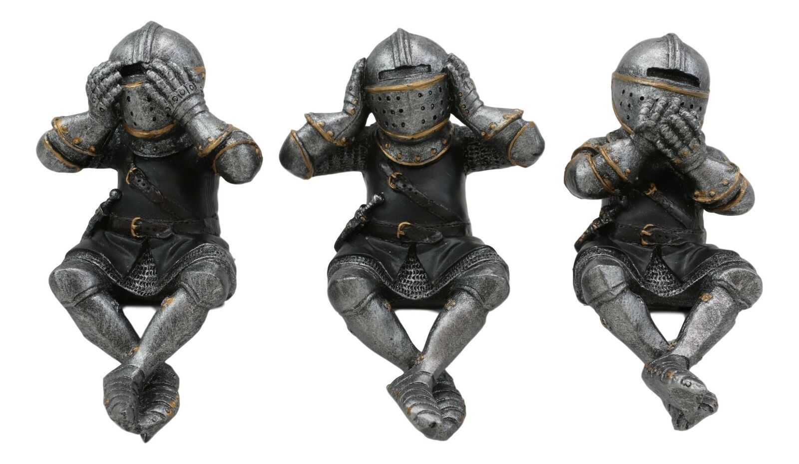 Set of 3 Medieval See Hear Speak No Evil Royal Knights Shelf Sitters Figurines