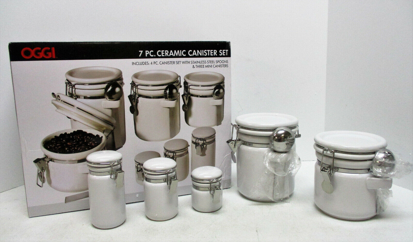 OGGI 5 piece Ceramic Canister Set with Stainless Steel Spoons Food
