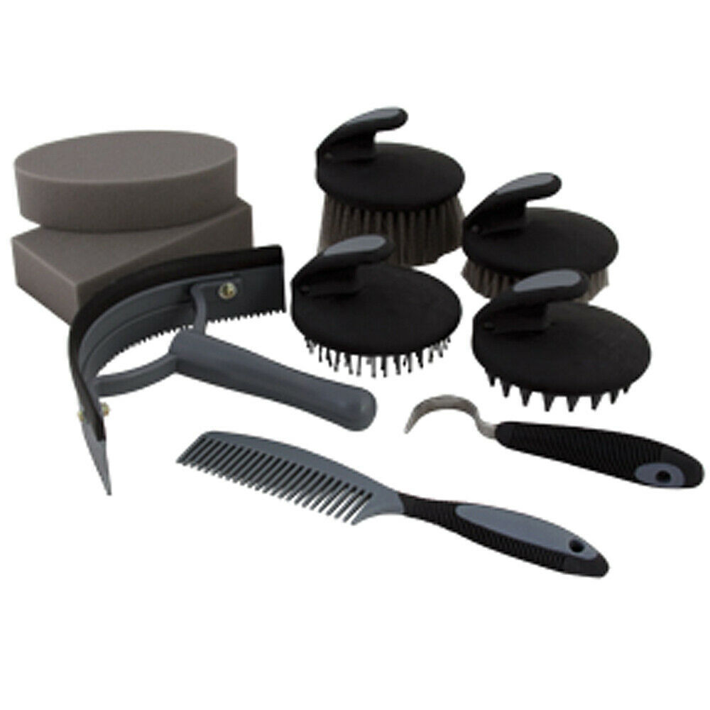 Hilason 9 Piece Horse Grooming Tool Set Grey U32GY Grooming Kits