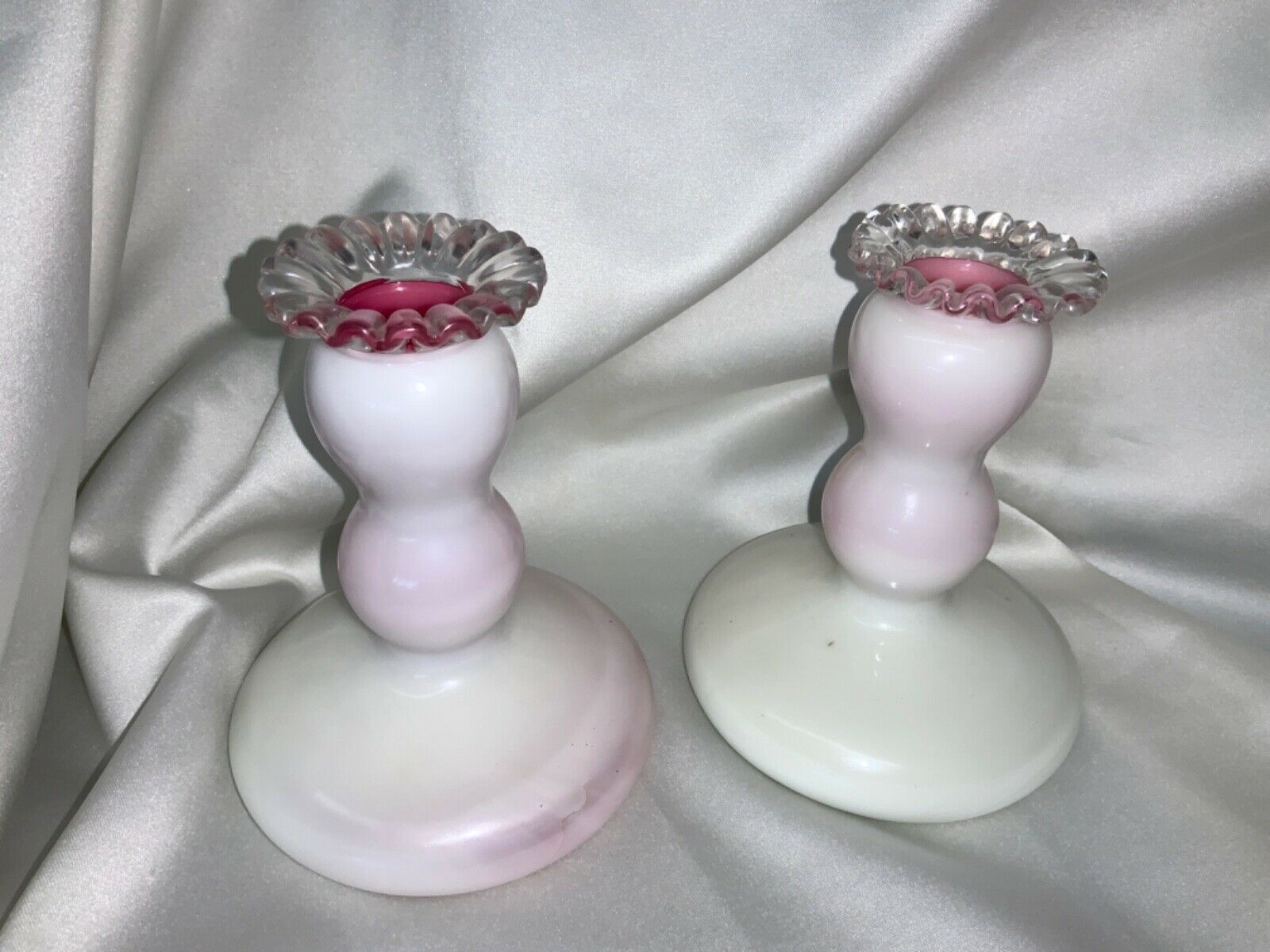 Primary image for Pair Vintage Fenton Art Glass Peach Blow Silver Crest Candlestick Holders