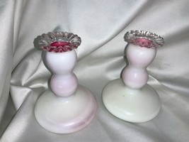 Pair Vintage Fenton Art Glass Peach Blow Silver Crest Candlestick Holders - $60.00