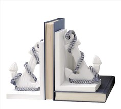 Anchor Bookends White Nautical Set With Hemp Rope Detailing Ocean  7" Long