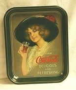 Old Vintage Coca Cola Coke Woman w Hat Coke Glass Litho Tin Metal Servin... - $29.69