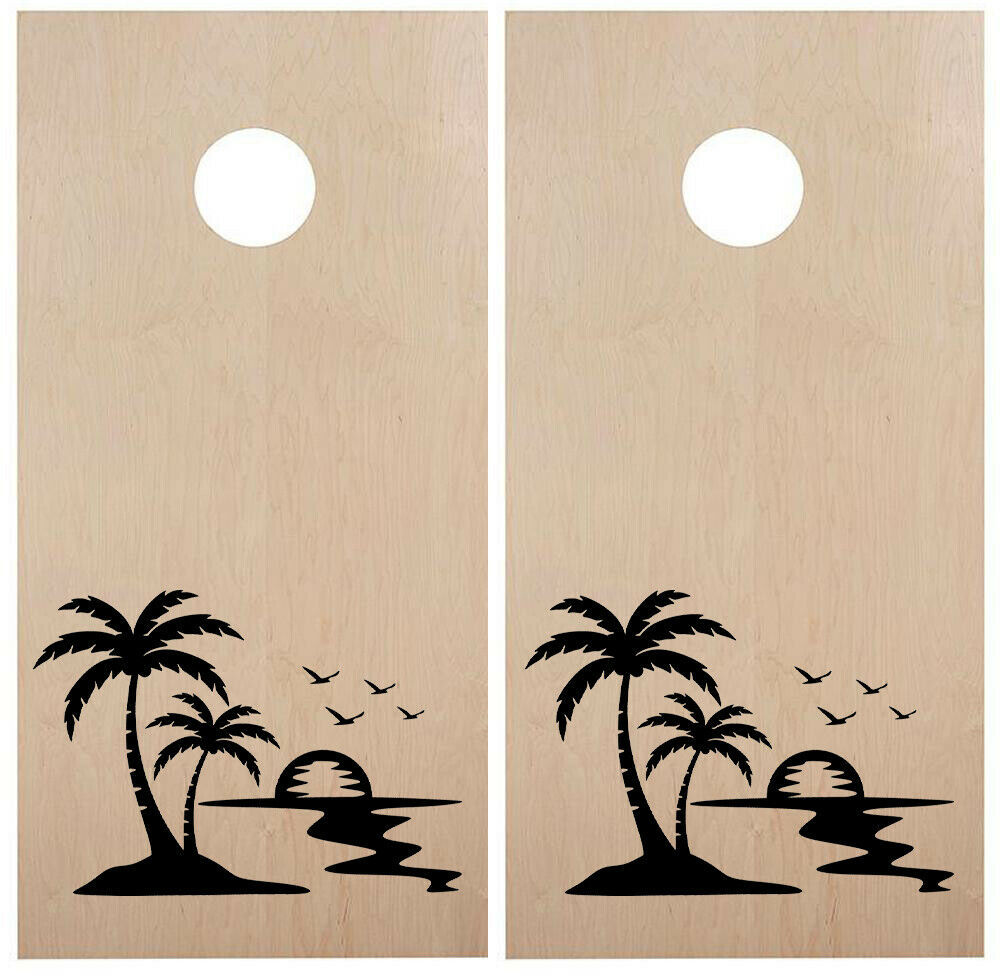 Palm Tree Island Sunset Cornhole Board Decals - Beach Party  - Vinyl Die Cut
