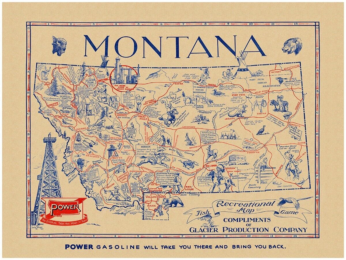 Montana Fish & Game Map Showing Indian Reservations, Rodeos, Towns, etc