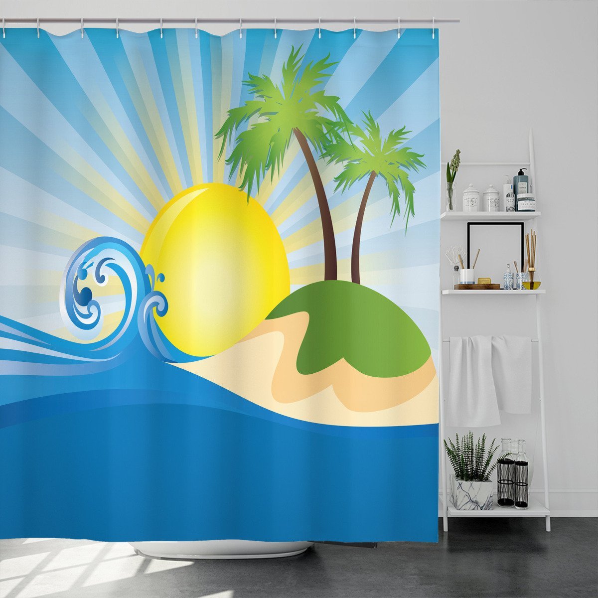 Sun Rays Tropical Island Shower Curtain Shower Curtains