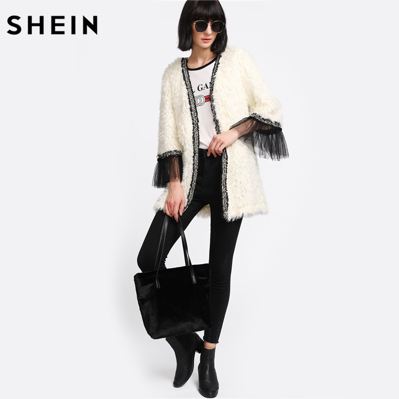SHEIN Winter Coat Beige Women Faux Fur Coat Color Block Long Sleeve ...