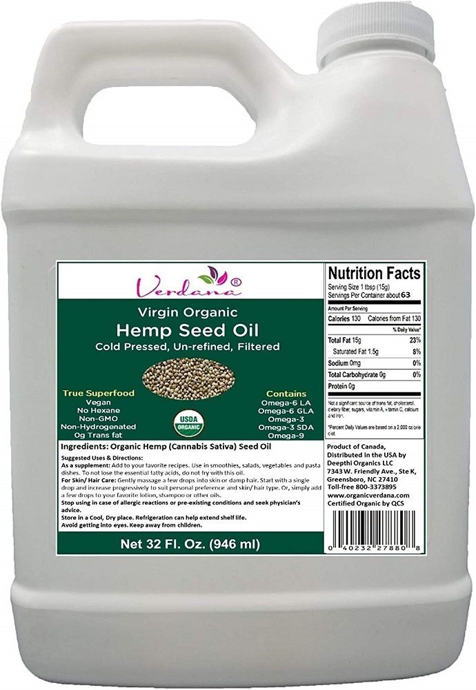Verdana Organic Cold Pressed Unrefined Canadian Hemp Seed Oil – 32 Fl oz