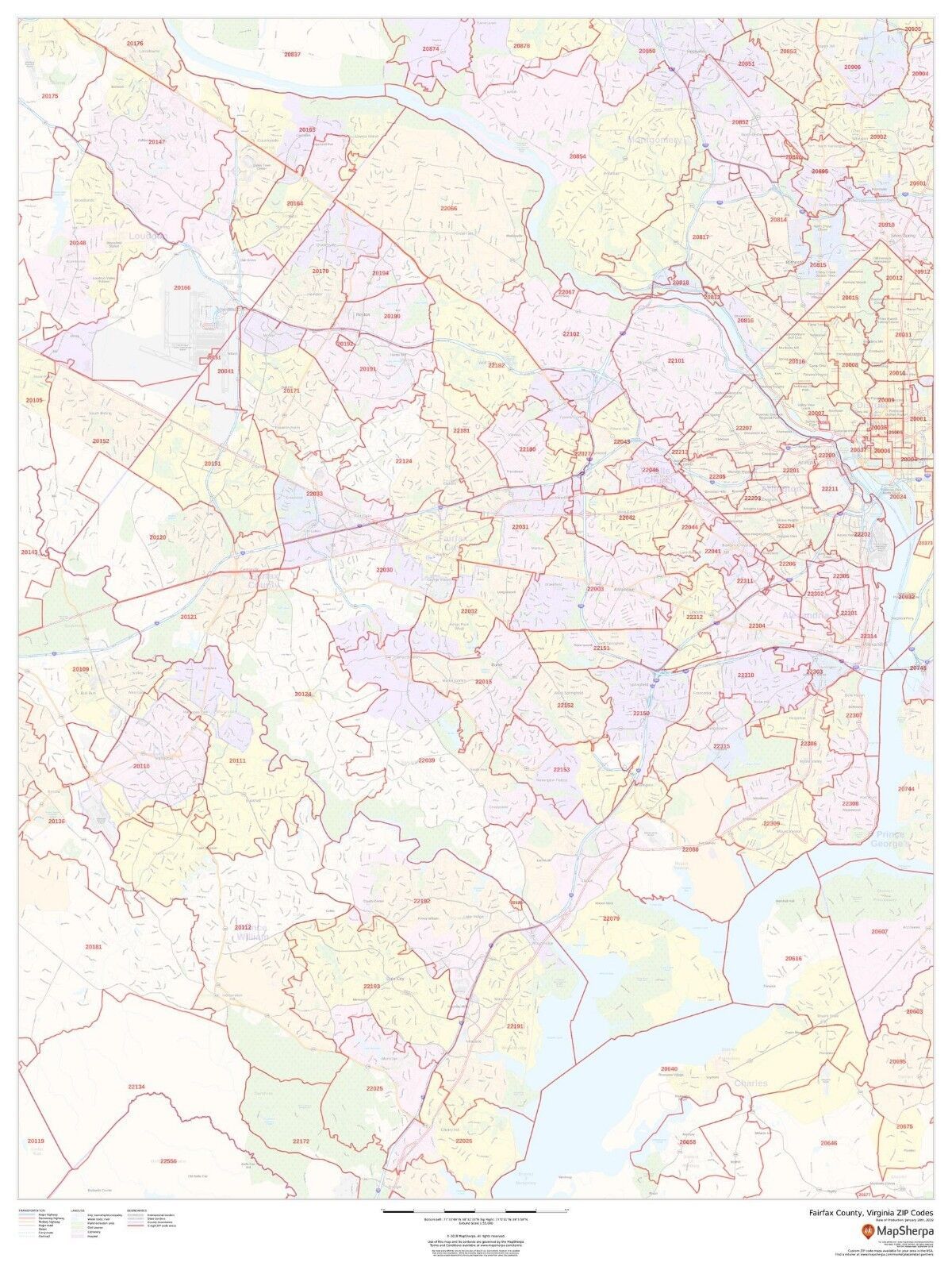 Fairfax County, Virginia ZIP Codes Laminated Wall Map (MSH) US