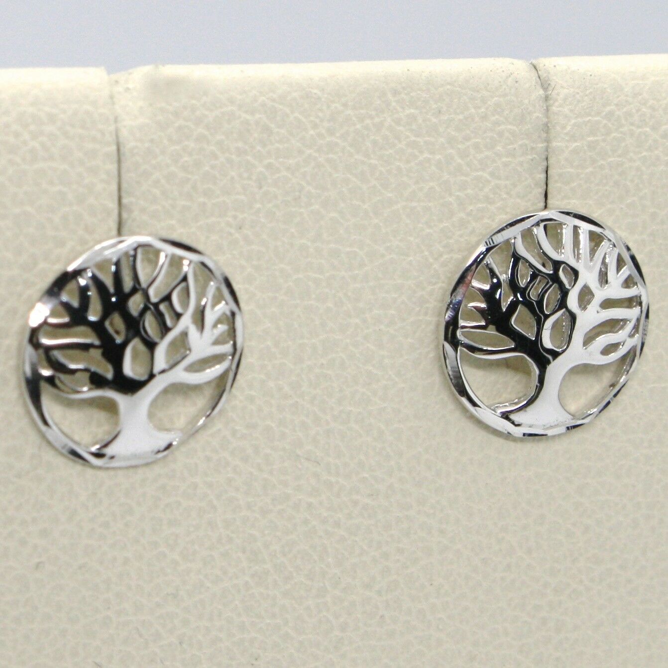 Primary image for 18K WHITE  GOLD ROUND BUTTON EARRINGS WITH BEAUTIFUL TREE OF LIFE, MADE IN ITALY
