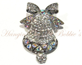 Bell Bow Pin Brooch Clear AB Crystal Dangle Ball Silvertone Christmas Holiday - £22.39 GBP