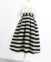 Women Black Zebra Pattern Pleated Midi Skirt Winter Wool Pleat Midi Party Skirt image 11