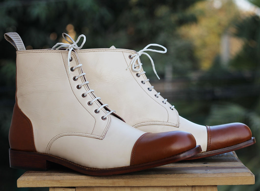 Handmade Men’s Cream Brown Cap Toe Ankle Boots, Men Leather Lace Up Fashion Boot
