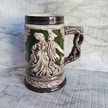 Vintage Beer Stein Mug, Green Gray with dancing couple and castle, Inarco Japan image 1