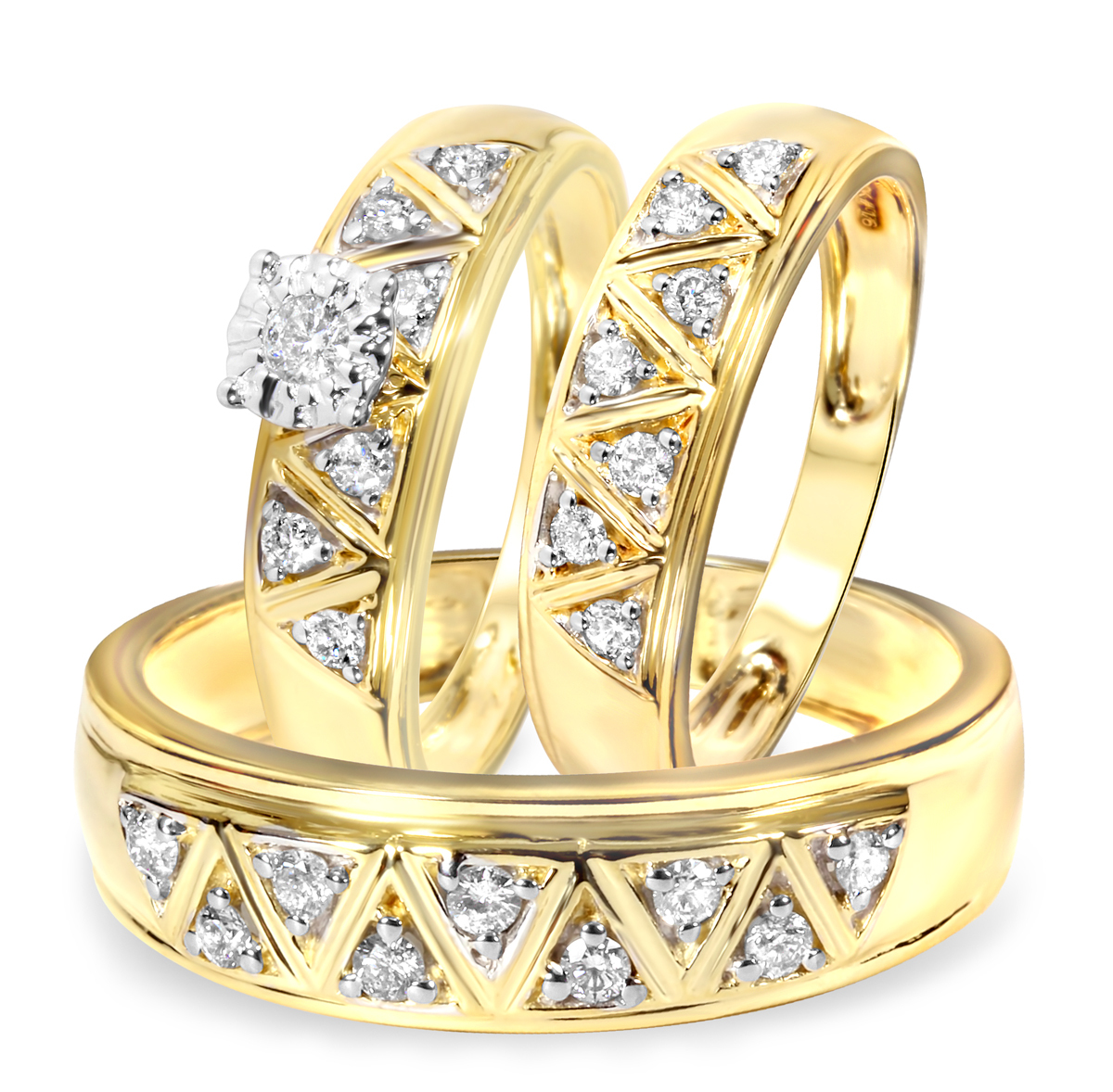 14k Yellow Gold 925 Silver His & Hers Trio Wedding Ring Set Round Cut ...