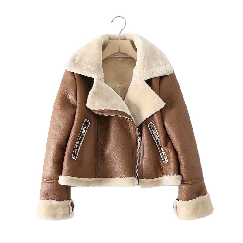 New brown warm faux shearling thick lining faux leather short jacket women coat